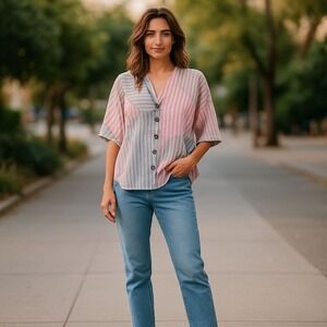 Sacred‎ Threads Patchwork Button-Up Top Striped Linen Blend Oversized